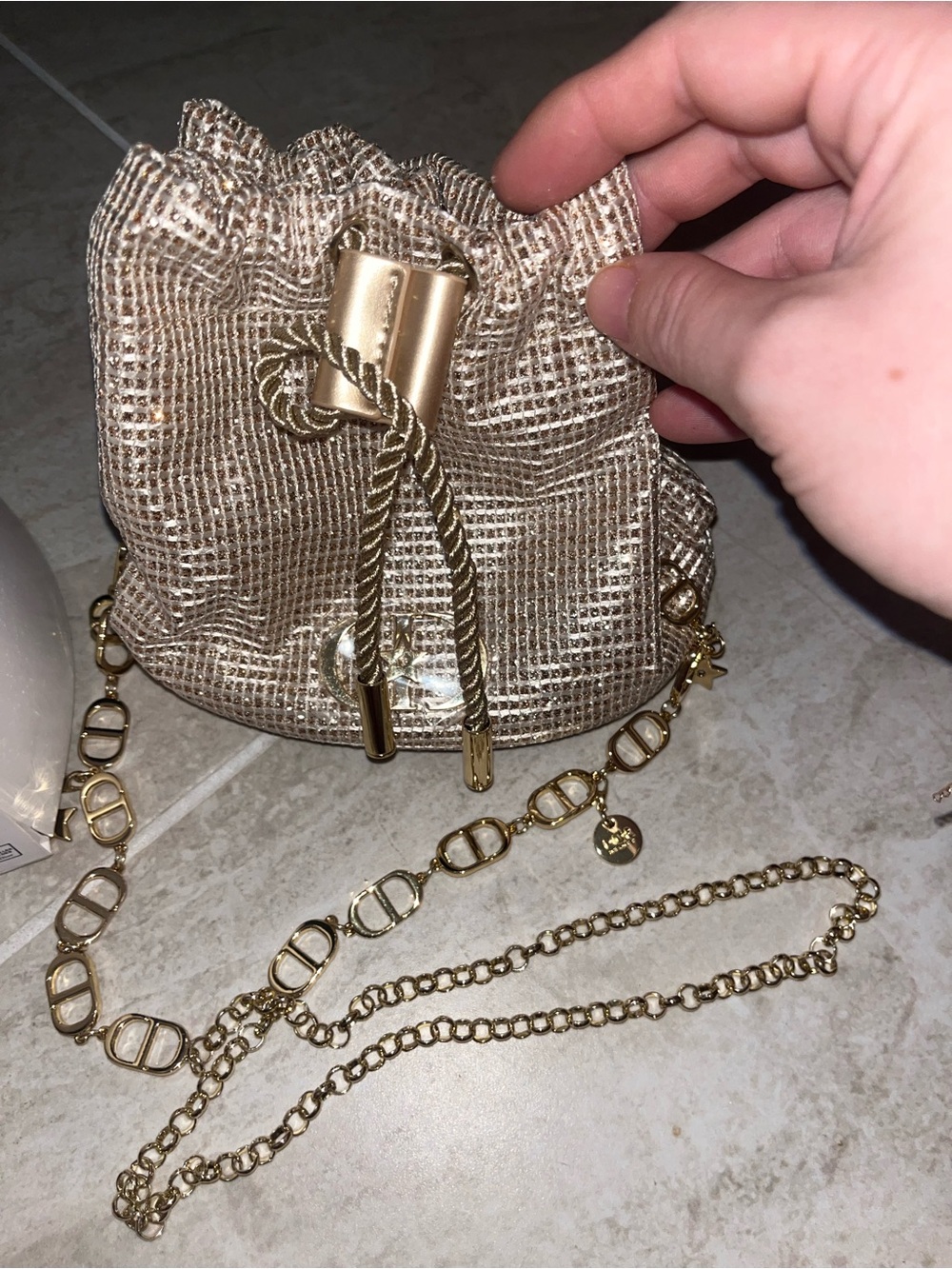Dior Gold Metallic Drawstring Crossbody Bucket Bag